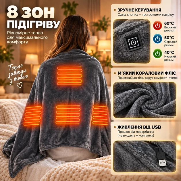 Накидка з підігрівом 150х80см від USB, Електроковдра, Ковдра з підігрівом, Плед від USB - зображення 6