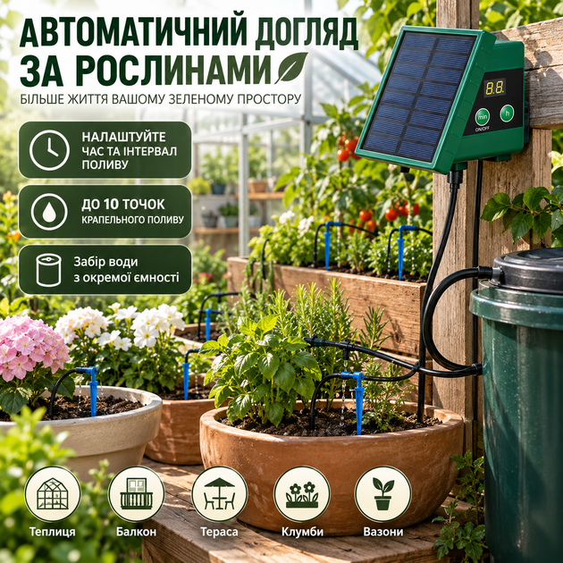 Система автоматического капельного полива на солнечной батарее автополив с таймером на 10 растений капельный полив со шлангом 10 м автономная система полива для теплицы сада вазонов балкона - изображение 3