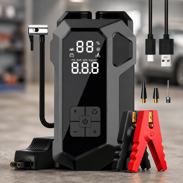 Пусковое устройство JUMP STARTER 18B 4в1 2000 А автомобильный бустер 16000 мА·ч для запуска двигателя 12 В с компрессором Power Bank LED фонариком цифровым дисплеем и пусковыми кабелями - изображение 8