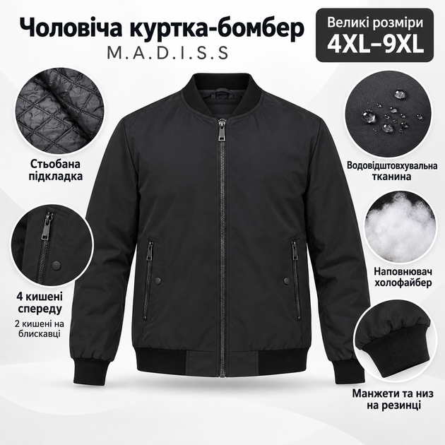 Куртка мужская бомбер M.a.d.i.s.s. демисезонная на холофайбере,Черный, 6XL - Фото 5 Куртка мужская бомбер M.a.d.i.s.s. демисезонная на холофайбере,Черный, 6XL - изображение 5
