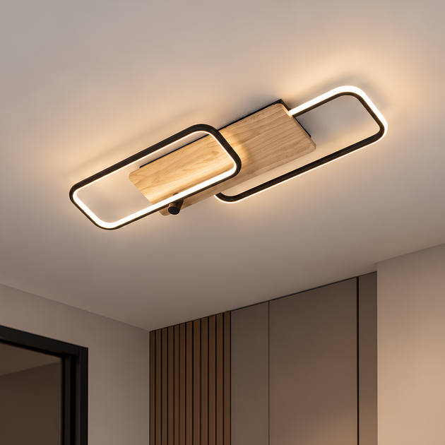 LED люстра стельова з пультом ДК 72W два прямокутних контури 3000-6500K каркас чорний метал/дерево Svet SY-33046/1+1 MB+YMW - зображення 5
