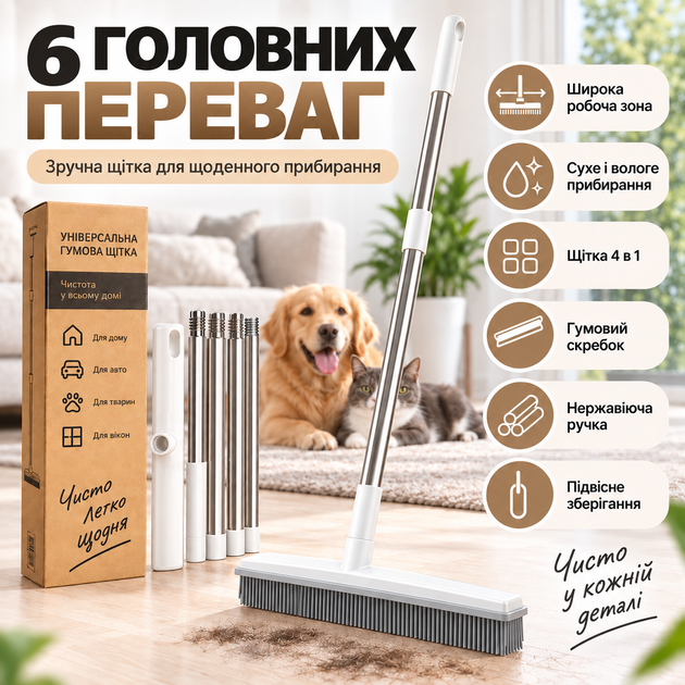 Універсальна гумова щітка-швабра 4 в 1 для підлоги, килимів, шерсті та вікон, ручка з нержавіючої сталі KT9005101 - зображення 3