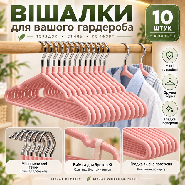 Набор вешалок-плечиков для одежды 10 шт, 40×20 см, 40 г, противоскользящие, с металлическим крючком KT9004024 - изображение 7