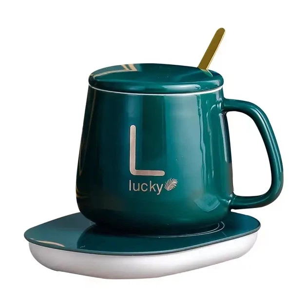 Керамічна чашка Lucky 350 мл з підігрівом від USB, з кришкою та ложкою у подарунковій коробці, зелена - Фото 1 Керамічна чашка Lucky 350 мл з підігрівом від USB, з кришкою та ложкою у подарунковій коробці, зелена - изображение 1