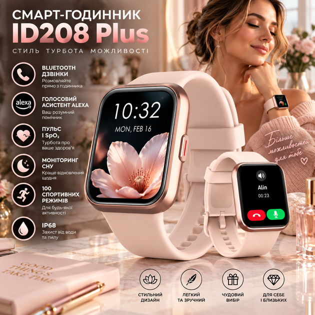 Смарт-часы женские ID208 Plus 1,8″ Bluetooth-звонки, Alexa, IP68, пульс, SpO2, сон, 100 спортивных режимов - Фото 1 Смарт-часы женские ID208 Plus 1,8″ Bluetooth-звонки, Alexa, IP68, пульс, SpO2, сон, 100 спортивных режимов - изображение 1