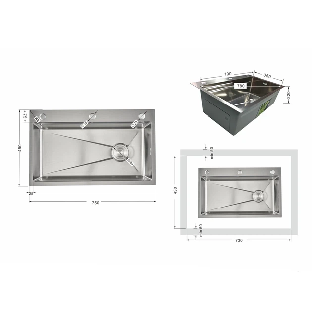 Мийка для кухні інтегрована Lidz Handmade H7545 Brushed Steel 3,0/1,0 мм LDH7545BRU49457 - зображення 2