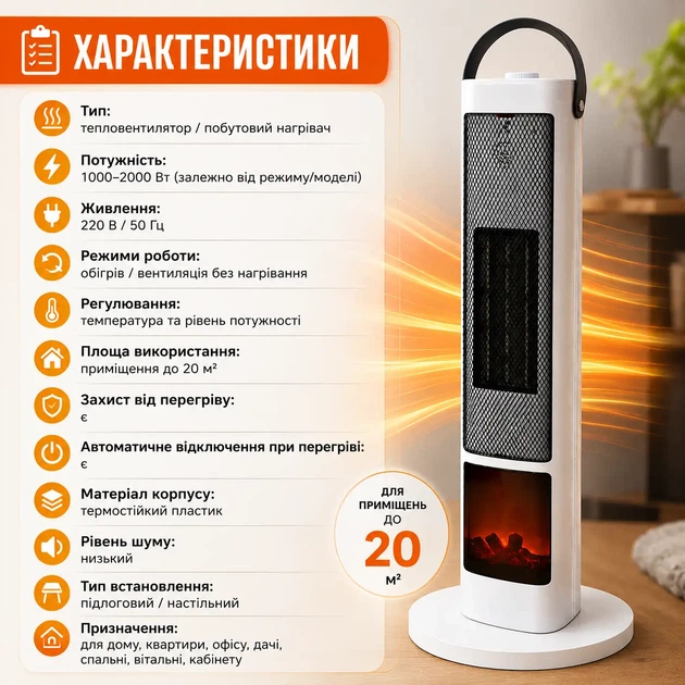 Тепловентилятор Portable Fan Heater 2000 Вт електричний обігрівач для дому офісу дачі з регулюванням температури та захистом від перегріву - изображение 3