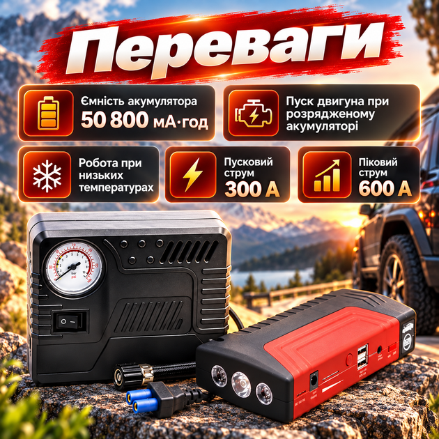 Пуско-зарядное устройство EQUUS 12 В 50800 мА·ч 600 А с компрессором 4 бар Power Bank для запуска авто зарядки телефона планшета ноутбука - изображение 2