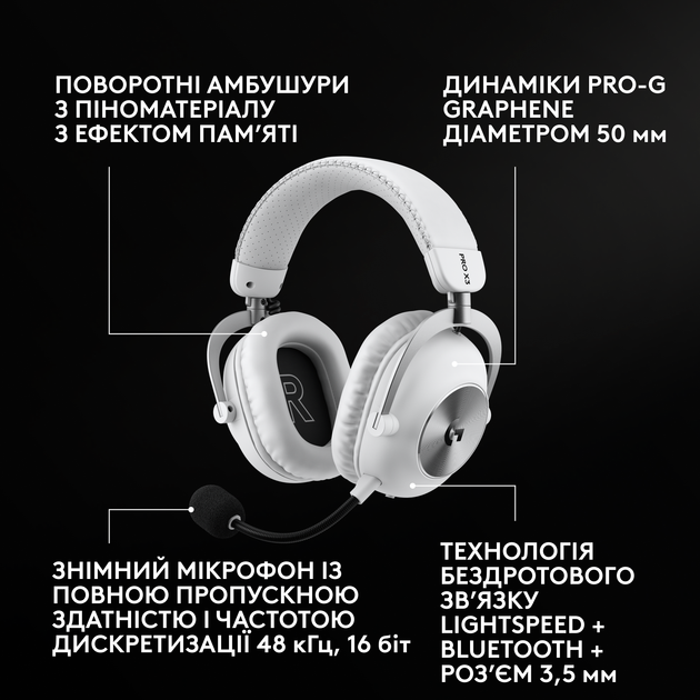Наушники Logitech G PRO X3 LIGHTSPEED Wireless Gaming Headset White (981-001748) - Фото 2 Наушники Logitech G PRO X3 LIGHTSPEED Wireless Gaming Headset White (981-001748) - изображение 2