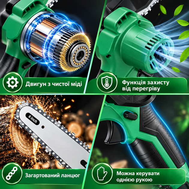 Аккумуляторная цепная мини пила KOBZA 2 аккумулятора (21V, 6 дюймов шина, 2 цепи, очки, перчатки, пластиковый кейс, зеленая) - изображение 5