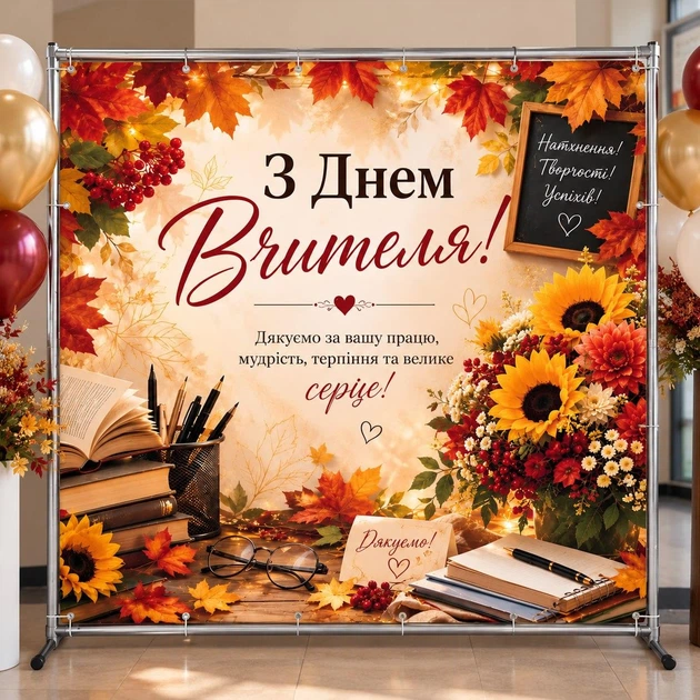 Баннер ко Дню Учителя "День учителя. Калина. Соняхи" размер 2х2м. С люверсами. - Фото 2 Баннер ко Дню Учителя "День учителя. Калина. Соняхи" размер 2х2м. С люверсами. - изображение 2