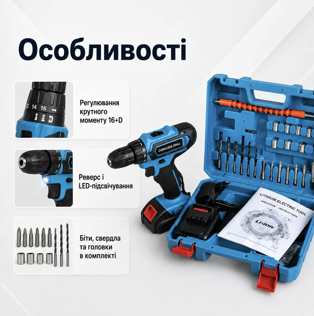 Аккумуляторная дрель-шуруповерт MAKITA 24 В 5 А·ч 24 Нм 3500 об/мин с LED Быстрозажимной патрон Набор инструментов бит сверл головок в кейсе - Фото 3 Аккумуляторная дрель-шуруповерт MAKITA 24 В 5 А·ч 24 Нм 3500 об/мин с LED Быстрозажимной патрон Набор инструментов бит сверл головок в кейсе - изображение 3