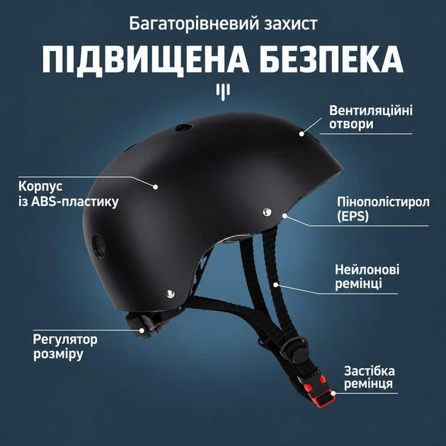 Захисний шолом L 56–58 см, універсальний для велосипеда, самоката, скейтборда та роликів, чорний - зображення 7