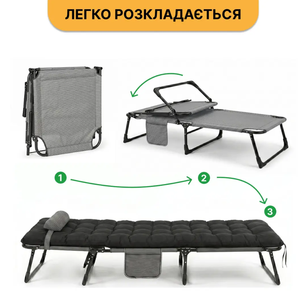 Раскладная кровать LEOBRO темно-серая до 150 кг с подушкой матрасом и подголовником качественная - изображение 2