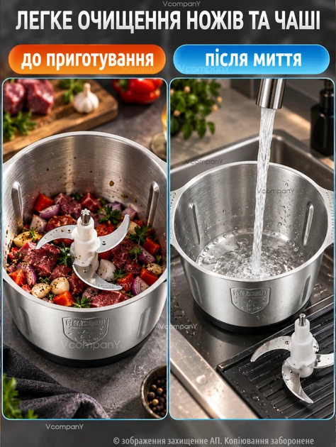 Чопер подрібнювач кухонний з двома чашами Rainberg Professional Food Chopper Блендер 3в1 для смузі - зображення 4