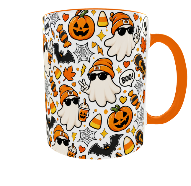 Кружка (чашка) с принтом Halloween Boo | Хэллоуин | керамическая 330 мл | оранжевая ручка - изображение 4