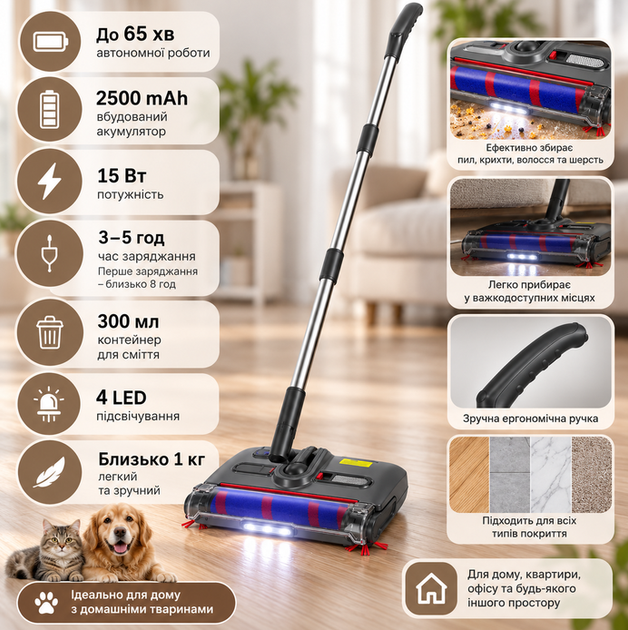 Акумуляторний електровіник Cordless 15 Вт бездротовий віник 2500 мА·год електрична щітка для підлоги до 65 хв електровіник з контейнером 300 мл 4 LED для прибирання пилу крихт волосся шерсті - зображення 6