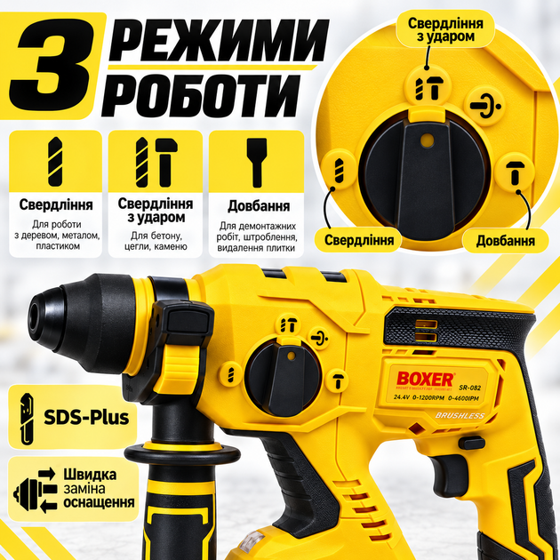 Аккумуляторный перфоратор BOXER SR-082 24V ударный для бетона и ремонта - изображение 3