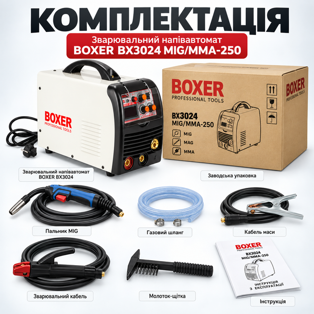 Зварювальний напівавтомат BOXER BX3024 MIG/MMA 250А інверторний з цифровим дисплеєм - зображення 8