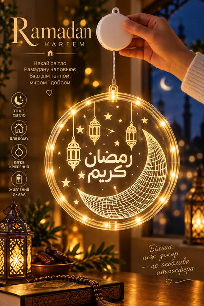 Набір світлодіодних підвісних декорацій Ramadan Kareem 21 см 4 шт. тепле біле світло - Фото 3 Набір світлодіодних підвісних декорацій Ramadan Kareem 21 см 4 шт. тепле біле світло - изображение 3