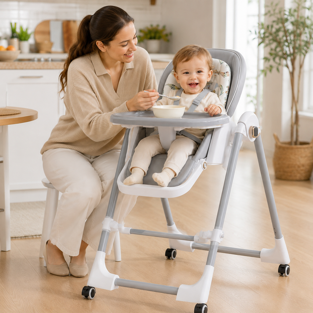 Стільчик для годування BabyChair з регульованою спинкою та столиком, шезлонг, колеса, складаний X-715/Стульчик-шезлонг для годування/Місячне крісло з регульованою спинкою та столиком - зображення 2