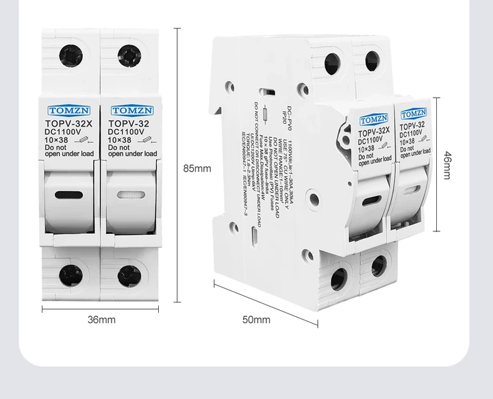 Тримач запобіжників DC TOMZN TOPV-32X 2P 1100V LED зі встановленим запобіжником 20A, для сонячних панелей (19622) - Фото 9 Тримач запобіжників DC TOMZN TOPV-32X 2P 1100V LED зі встановленим запобіжником 20A, для сонячних панелей (19622) - зображення 9