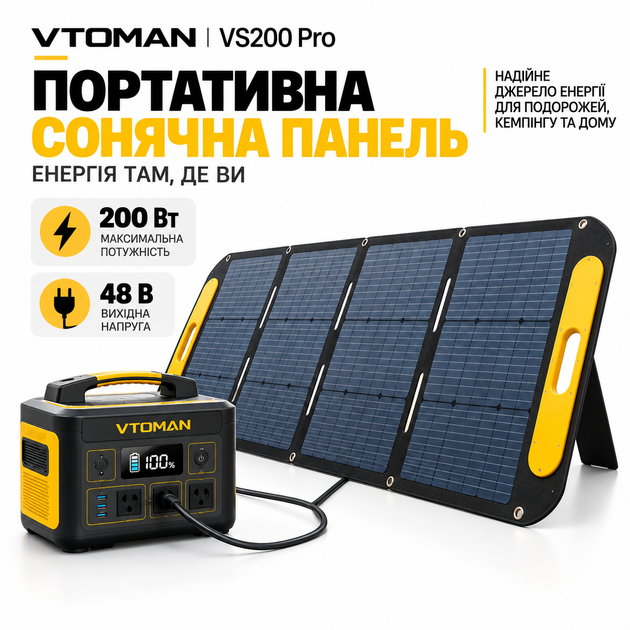 Портативна сонячна панель Vtoman VS200 Pro 200 Вт 48 В, складна монокристалічна, IP67 для зарядних станцій - Фото 1 Портативна сонячна панель Vtoman VS200 Pro 200 Вт 48 В, складна монокристалічна, IP67 для зарядних станцій - зображення 1
