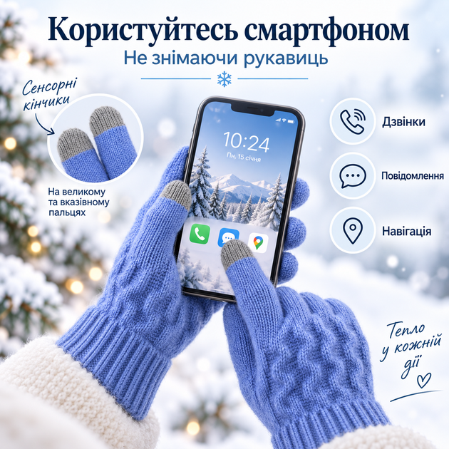 Варежки женские зимние шерстяные с начесом, сенсорные пальцы для экрана, синие KT9002841 - изображение 2