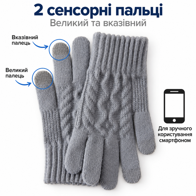 Варежки женские зимние шерстяные с начесом, сенсорные пальцы для экрана, серые KT9002842 - изображение 5