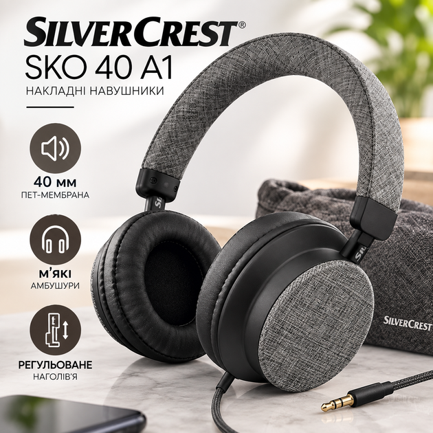 Навушники SilverCrest SKO 40 A1 накладні дротові з мембраною 40 мм Стереонавушники з роз'ємом 3,5 мм та м'якими амбушурами - Фото 1 Навушники SilverCrest SKO 40 A1 накладні дротові з мембраною 40 мм Стереонавушники з роз'ємом 3,5 мм та м'якими амбушурами - зображення 1