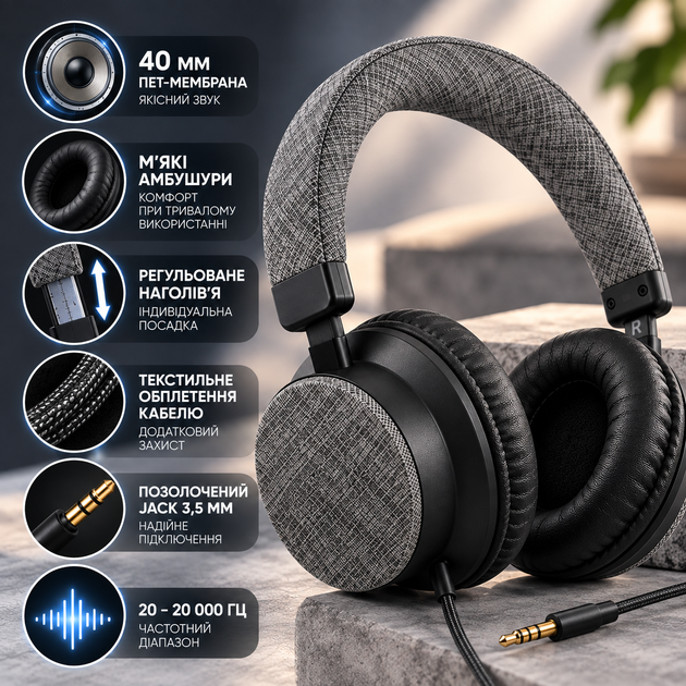 Дротові навушники SilverCrest SKO 40 A1 кабель 1,4 м Накладна гарнітура з регульованим наголів'ям та позолоченим штекером 3,5 мм - зображення 3