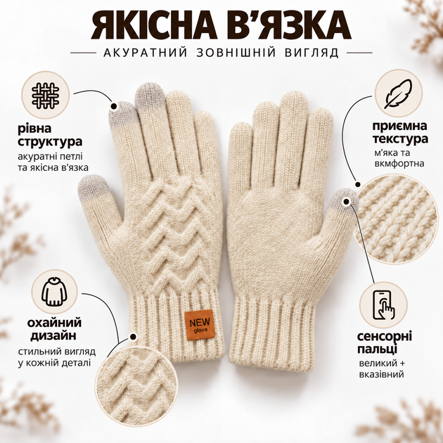Перчатки мужские зимние вязаные с начесом, сенсорные пальцы для экрана, one size бежевые KT9002865 - изображение 7