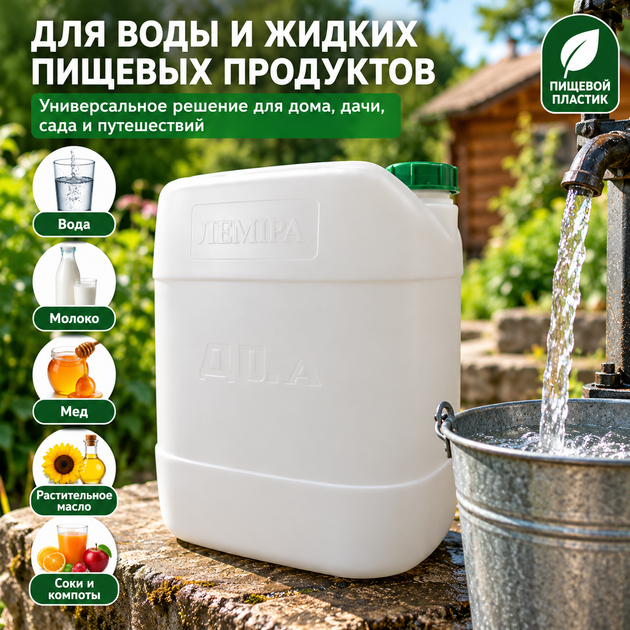 Канистра пищевая пластиковая Лемира 20 л для воды и жидких пищевых продуктов, герметичная, белая - Фото 7 Канистра пищевая пластиковая Лемира 20 л для воды и жидких пищевых продуктов, герметичная, белая - изображение 7