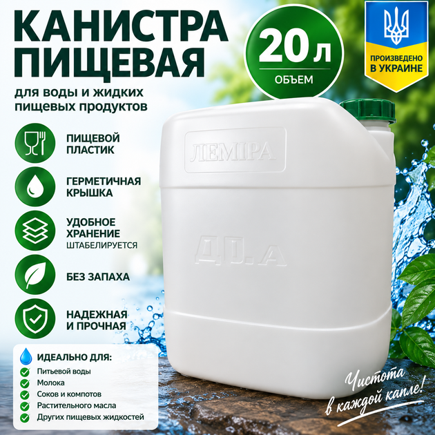 Канистра пищевая пластиковая Лемира 20 л для воды и жидких пищевых продуктов, герметичная, белая - Фото 8 Канистра пищевая пластиковая Лемира 20 л для воды и жидких пищевых продуктов, герметичная, белая - изображение 8