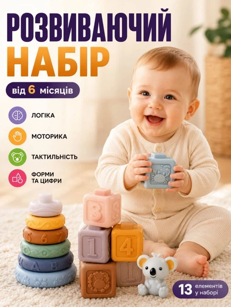 Розвиваючі іграшки для малюків та немовлят набір дитячих кубиків пірамідка сортер м'які тактильні сенсорні силіконові ігрові для купання з цифрами літерами тваринами формами гризунок коала Монтессорі для моторики логіки пам'яті - зображення 2