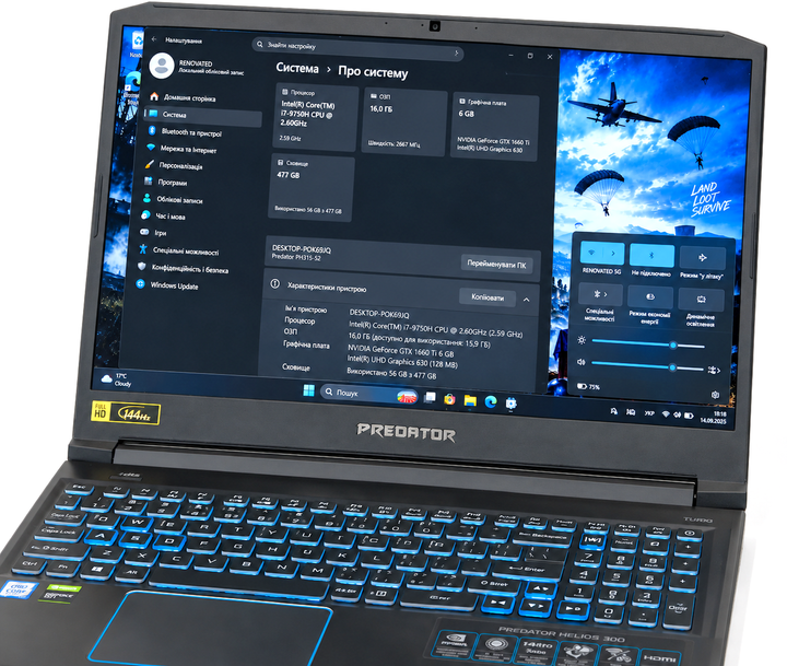 Ноутбук Acer Predator Helios 300 PH315-52 Core i7-9750H GTX 1660 Ti 6GB 16GB DDR4 SSD 512GB 15.6″ FHD 144Hz Чорний Б/У - зображення 3