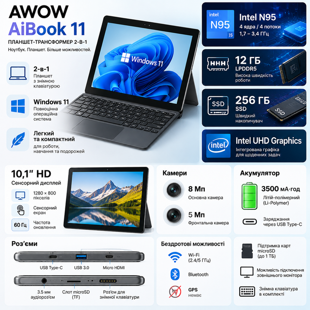 Планшет 10.1" AWOW AiBook 11 12/256GB Intel N95 Windows 11 з клавіатурою - Фото 3 Планшет 10.1" AWOW AiBook 11 12/256GB Intel N95 Windows 11 з клавіатурою - зображення 3