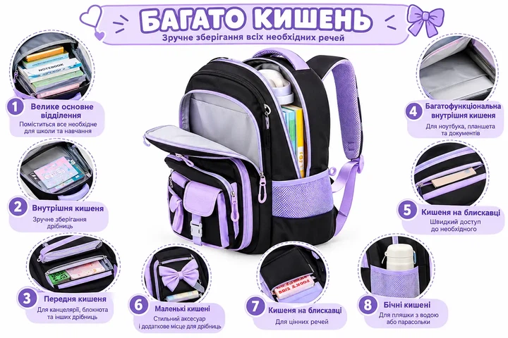 Рюкзак школьный для девочки чёрно-фиолетовым с бантом и брелком 43×29×14 см - изображение 2