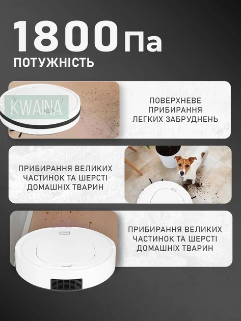 Робот-пилосос для сухого прибирання, 1800 Па, до 90 хвилин роботи, USB-заряджання, датчики перешкод, 2 бічні щітки, білий - зображення 6