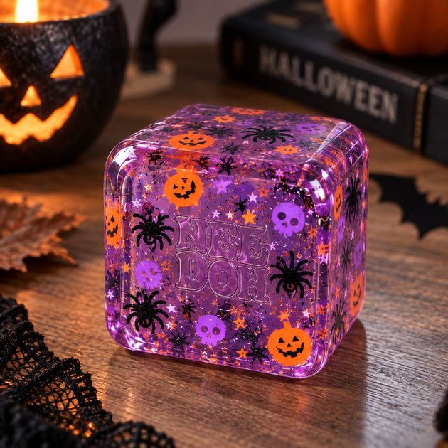 Антистрес сквіш Кубик льоду Halloween NeeDoh Nice Cube фіолетовий з гарбузами та павуками - Фото 2 Антистрес сквіш Кубик льоду Halloween NeeDoh Nice Cube фіолетовий з гарбузами та павуками - зображення 2