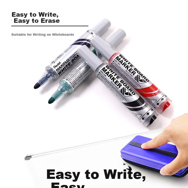 Маркер для білої дошки Pentel, 2 мм, рідкий прямого нанесення, густий круглий наконечник, стираний маркер, імпортний, MWL5M, чорний (упаковка з 5 шт.) - изображение 6