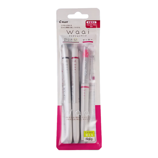 Набор гелевых ручек PILOT Momo Eraser - Click Gel Pen 0.5 And Highlighter Waai Series Velvet Red P-5391 (2 гелевые ручки B/VR + 1 маркер NR) - изображение 4