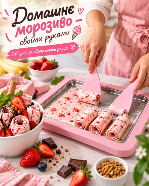 Аппарат для приготовления рулетов из мороженого, мороженица UKC Ice Cream Maker Instant с 2 лопатками, розовый - изображение 2