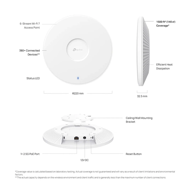 Точка доступа TP-LINK EAP772 Wi-Fi 7 9335 Мбит/с 1x2,5GE 32,5x220x220 мм Белая - изображение 4
