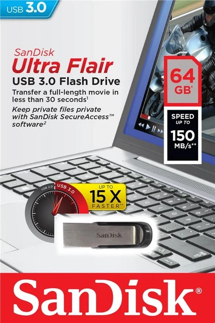 Накопитель SanDisk 64GB USB 3.0 Type-A Flair R150MB/s Серебряный - изображение 4