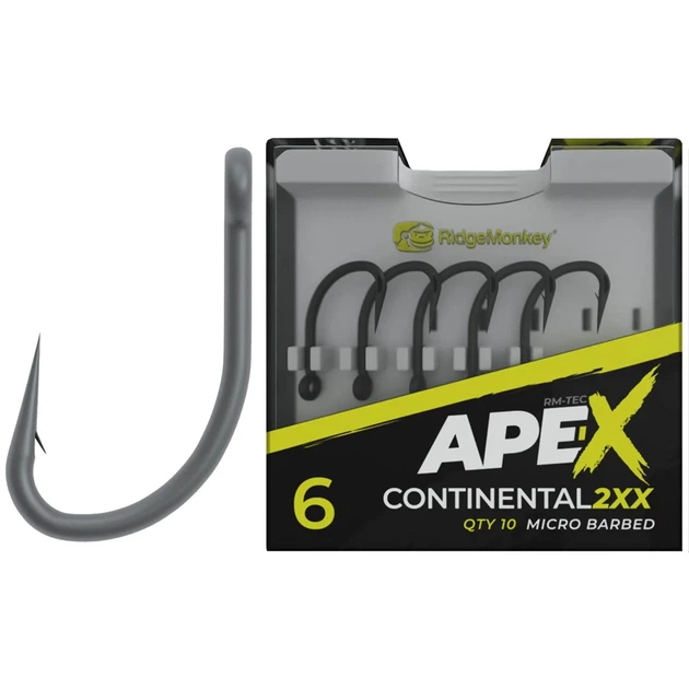 Крючок карповый RidgeMonkey Ape-X Continental 2XX с бородкой #6 (10 шт/уп) - Фото 1 Крючок карповый RidgeMonkey Ape-X Continental 2XX с бородкой #6 (10 шт/уп) - изображение 1
