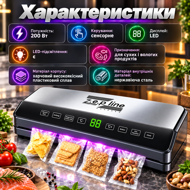 Вакуумный упаковщик Zepline ZP-00359 200 Вт с LED-дисплеем сенсорным управлением для сухих влажных продуктов контейнеров пакетов sous-vide - изображение 4