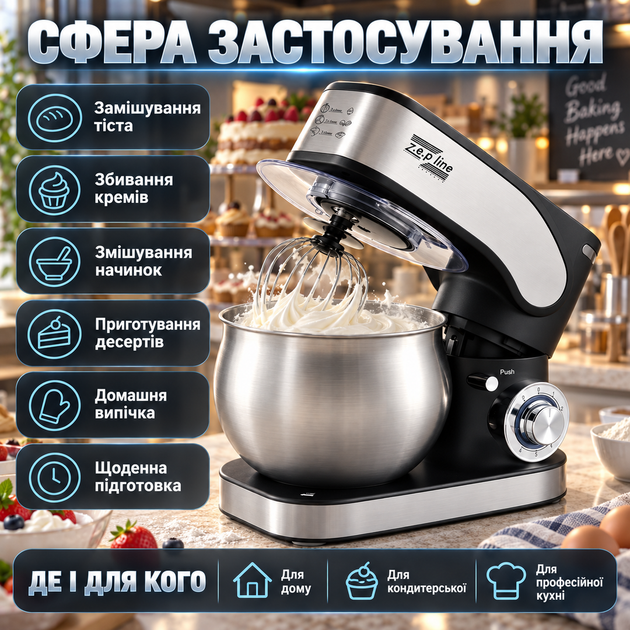 Тестомесилка для дома Zepline ZP-136 Планетарный миксер 3500 Вт Профессиональная для густого теста 6 литров Многофункциональный кухонный комбайн - Фото 5 Тестомесилка для дома Zepline ZP-136 Планетарный миксер 3500 Вт Профессиональная для густого теста 6 литров Многофункциональный кухонный комбайн - изображение 5