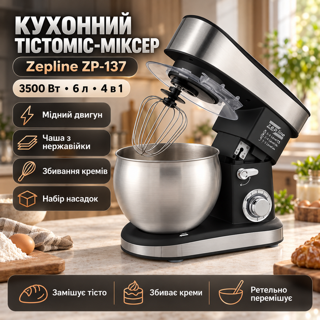 Кухонний комбайн планетарний ZP-137 Тістомісильна машина Міксер Професійний для густого тіста 4в1 3500 Вт 6 літрів - Фото 1 Кухонний комбайн планетарний ZP-137 Тістомісильна машина Міксер Професійний для густого тіста 4в1 3500 Вт 6 літрів - зображення 1
