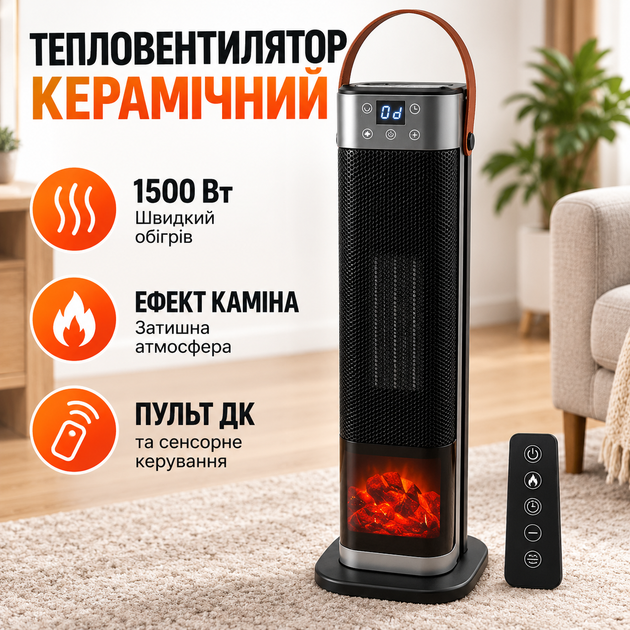 Тепловентилятор керамический 1500 Вт с эффектом камина пультом и сенсорным управлением - Фото 1 Тепловентилятор керамический 1500 Вт с эффектом камина пультом и сенсорным управлением - изображение 1